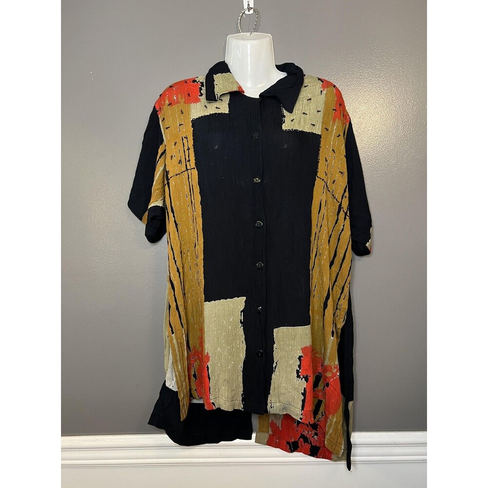 Effeci Creazioni Shirt Womens Small Black Red Tan Abstract Crinkle Button Front